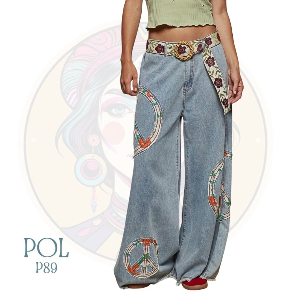 "Peace Patch" Blue Wide Leg Denim Pants Jeans
